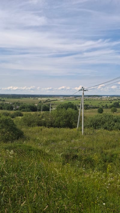 This media file displays a pastoral landscape under a partly cloudy sky, oriented vertically. The scene features a power line pole with wires stretching across the frame, a dominant feature in the foreground. To the right of the pole, a dense field of tall green grass, interspersed with small white and yellow wildflowers, extends into the distance. To the left of the pole, the view opens up to a panoramic vista of rolling green fields, dotted with trees and a few scattered buildings, suggesting a rural or semi-rural setting. A faint road or path is visible in the mid-ground. The sky is a bright blue, streaked with wispy white cirrus clouds that suggest fair weather. The lighting indicates it is daytime, likely late morning or afternoon. The overall impression is one of a serene and expansive natural environment. The crops do not contain any visible text.