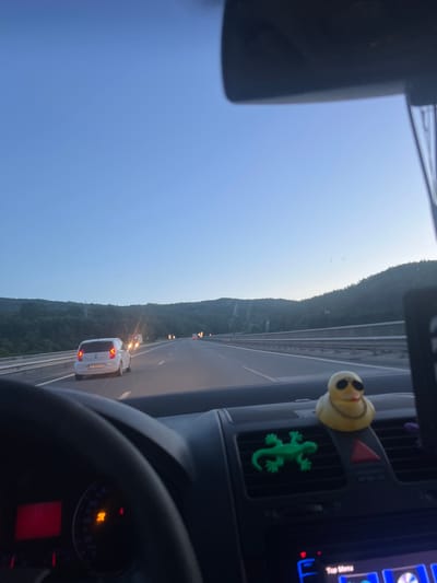 The image shows the interior of a car driving on a highway at dusk. The sky is a clear, pale blue. In the foreground, the dashboard is visible, with a steering wheel and various car controls. A yellow rubber duck wearing sunglasses and a gold chain is perched on top of an air vent. A green plastic lizard is also attached to the air vent. The car's speedometer is partially visible, showing some illuminated dials.
Outside the car, the highway stretches ahead, with other vehicles visible in the distance. A white car with its brake lights on is in the lane to the left. The highway is lined with guardrails and flanked by tree-covered hills on both sides. The overall impression is of a journey on a scenic route as daylight fades. The location is stated to be the city of Golemo Buchino, Bulgaria.