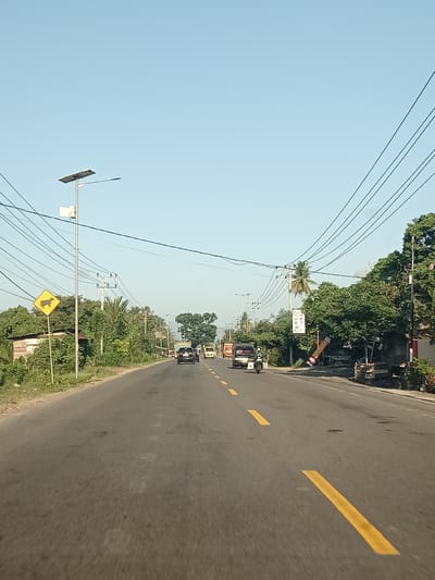 This image depicts a straight, paved road in Dayah Tanoh, Indonesia. The road has distinct yellow dashed lines painted in the center and on the right side, indicating traffic lanes. On the left side of the road, a yellow diamond-shaped sign with a black silhouette of a cow is prominently displayed on a pole, suggesting the presence of livestock in the area. A solar-powered street light stands next to the sign.

Several vehicles are visible on the road. A dark-colored SUV is traveling ahead, followed by a smaller vehicle. Further down the road, a yellow truck is also in motion. A motorcyclist wearing a helmet is seen riding on the right side of the road.

The environment surrounding the road is characterized by lush green trees and vegetation. On the left side, a simple wooden structure is visible, possibly a small house or shed. On the right side, more trees and some structures that appear to be shops or market stalls are present. Electrical wires are strung across the sky, supported by utility poles. The sky is clear and blue, indicating a sunny day. The scene appears to be a rural or semi-rural area on the outskirts of a town or city.