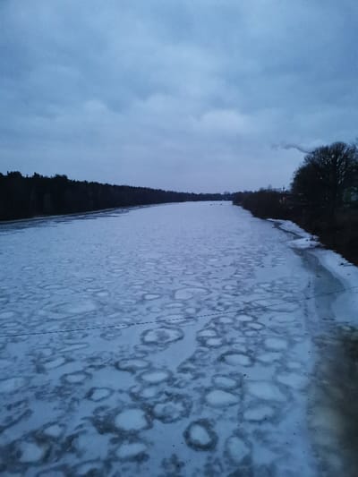 A wide-angle, eye-level photograph depicts a frozen or partially frozen river under an overcast sky in Мастоўскі сельскі Савет, Belarus. The river surface is predominantly covered by ice, characterized by numerous circular and oval patterns, suggesting pancake ice or broken slush ice formations. A dark, thin horizontal line, possibly a wire or railing, traverses the lower foreground of the image over the ice. The left bank of the river is lined with a dense, dark forest of coniferous or deciduous trees, extending into the distance. The right bank features sparser, bare deciduous trees and some visible snow along the water's edge. In the mid-ground on the right bank, a faint structure is discernible, and smoke or steam billows upwards from a point behind the trees, indicating an industrial or heating source. The sky is uniformly cloudy, presenting a muted blue-grey hue, indicative of an overcast winter day or twilight conditions. No individuals or animals are present.