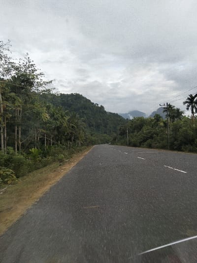 The image displays a two-lane asphalt road in Meunasahcot, Indonesia, viewed from a low perspective looking forward. The dark grey road surface, marked with white dashed lines, stretches into the distance, gently curving to the left. Dense tropical vegetation borders both sides of the road. On the left, a mixture of tall, slender trees with light-colored trunks and lush green foliage forms a thick forest that ascends a hillside. The immediate roadside on the left consists of sparsely vegetated earth. On the right, similar dense green foliage, including several prominent palm trees, lines the road. Multiple utility poles with strung overhead wires are visible along the right side of the road, receding into the background. In the distance, heavily forested mountains rise under an overcast sky dominated by grey clouds, with some atmospheric haze present. No individuals, animals, or vehicles are present on the road or in the visible environment. A faint, blurred reflection from an unseen interior object is visible in the bottom right corner.