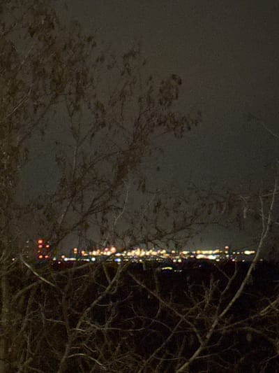 The image depicts a distant cityscape at night, viewed from an elevated position within the city of Törökbálint, Hungary. The foreground is dominated by the dark, silhouetted branches of deciduous trees, largely bare of leaves, extending across the lower two-thirds of the frame. The branches, appearing to belong to multiple trees, are intricately intertwined. Beyond the immediate foreground, a dark, indistinct landscape stretches towards the horizon. In the background, a horizontal band of blurred, multicolored artificial lights signifies a distant urban area. These lights are predominantly yellowish-white, with several distinct clusters of red lights visible towards the left. The sky above the cityscape is dark and overcast, showing significant visual noise indicative of low-light photographic conditions. No individuals, specific objects beyond the trees and lights, or discernible actions or interactions are present in the frame.