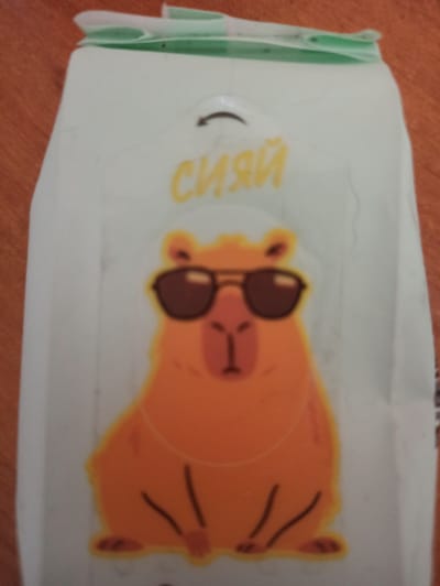 A cartoon capybara wearing sunglasses is pictured on a white background. The capybara is orange with a light pink nose and mouth. The sunglasses are dark brown. Above the capybara, in yellow lettering, are the Russian letters "СИЯЙ". The background is a light-colored surface, possibly a table, with a wooden grain visible. The image is taken from a slightly downward angle.