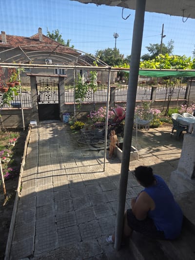 The image, taken in Todor Ikonomovo, Bulgaria, depicts a backyard scene on a sunny day. In the foreground, a woman with dark hair, wearing a blue tank top and a patterned skirt, is sitting on concrete steps, facing away from the camera. To her left, a large gray concrete pillar is prominently positioned. In the middle ground, a young child, appearing unclothed, stands near a low concrete structure. Behind the child, a red baby stroller is visible, along with pink and yellow flowers. A black metal gate with decorative elements separates the yard from a paved pathway. Beyond the gate, a house with a red tile roof and an air conditioning unit is visible. In the background, trees, a cell tower, and a street can be seen under a clear blue sky. The ground is paved with concrete tiles.