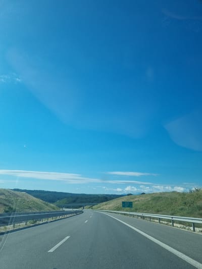 The image shows a view from a vehicle traveling on a highway in Dimovo, Bulgaria. The road is asphalt with white lane markings and a metal guardrail on the right side. Beyond the guardrail, a grassy embankment slopes upwards, covered in dry vegetation. In the distance, a bridge crosses over the highway. The landscape is hilly, with a dense forest visible on the far hills. The sky is a clear, bright blue with a few wispy white clouds. A green road sign is visible on the right side of the highway, indicating distances to various towns.
