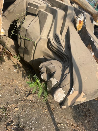 The image shows a damaged, gray-painted concrete statue head lying on the ground. The statue appears to depict a person with stylized features, including distinct hair. There's evidence of paint chipping and damage to the statue. The ground consists of dirt, small stones, and sparse vegetation, including a small fern-like plant growing near the statue's face. The image was taken in Mira-Bhayander, India.