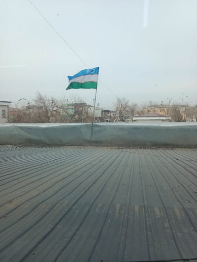 The image displays an urban landscape in Shovot, Uzbekistan, under an overcast sky, viewed from an elevated perspective. In the immediate foreground, a dark grey corrugated metal roof with visible fasteners extends from the bottom of the frame to a horizontal, light grey barrier, possibly a covered wall or parapet. Beyond this barrier, the national flag of Uzbekistan, featuring horizontal stripes of light blue, white, and green, with a white crescent moon and twelve white stars on the blue band, flies on a thin pole slightly left of center, unfurled by a light breeze. The background reveals an array of low-rise buildings and numerous bare deciduous trees, suggesting a dormant season. A large Ferris wheel is partially visible on the far left of the background, indicating an amusement area or park. Thin utility lines traverse the pale grey sky. No individuals or active interactions are visible.
