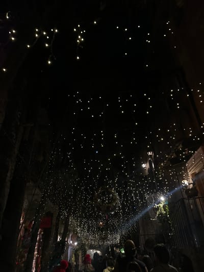 The image depicts a crowded nighttime scene in Santa Cruz Aquiahuac, Mexico, captured from a low-angle perspective looking forward and slightly upwards into a decorated outdoor pathway or street. Hundreds of small, warm-toned string lights are suspended overhead, creating a dense, illuminated canopy. The surrounding environment consists of dark, likely stone or brick buildings and walls on both sides, which are partially obscured by the darkness and additional decorative elements. On the left side, sparse greenery and what appear to be small Christmas trees or festive decorations are visible. On the right side, a traditional-style street lamp is mounted on a building, and a distinct, narrow beam of light cuts across the scene from the right mid-ground towards the center-left. A large group of people occupies the lower half of the frame, their backs mostly visible, suggesting movement through or gathering within the illuminated space. Individuals are indistinguishable beyond general silhouettes; one person wears a red beanie, and another a baseball cap. The overall lighting is dim, highlighting the string lights and specific illuminated areas.