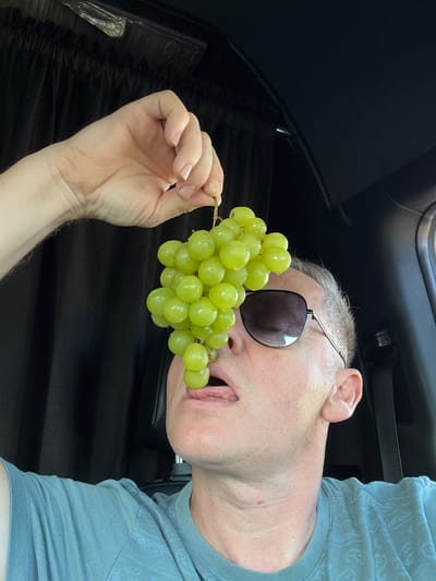 A person is holding a bunch of green grapes in their hand, bringing them up to their mouth, with their tongue sticking out as if to eat the grapes. The person is wearing sunglasses and a blue t-shirt. The background appears to be the interior of a vehicle, with dark curtains visible behind the person. The scene is indoors. There is no information in the image to determine the location in Grand Prairie, United States of America.
