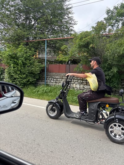 This image captures a mid-adult man riding a dark-colored, three-wheeled electric scooter on a paved road in Lagodekhi, Georgia. The man, with short dark hair and facial stubble, wears a black baseball cap, a black short-sleeved t-shirt with a white stripe on the right sleeve, and dark pants splattered with paint. A bright yellow plastic bag, containing green produce, hangs from his right arm as he smiles and looks to his right. The scooter has a brown seat, a single front wheel, and two rear wheels with silver-colored five-spoke hubs; rear suspension coils are visible. The scene is viewed from a following vehicle, with its black-framed rearview mirror visible in the lower-left corner, reflecting a light-colored vehicle and displaying the text "OBJECTS IN MIRROR ARE CLOSER THAN THEY APPEAR." The roadside features a dry-stacked stone wall, partially obscured by green vegetation, topped by a red corrugated metal fence supported by a blue metal post. Dense green trees and bushes line the background, with overhead utility wires visible against an overcast sky. The road surface is asphalt with a visible white solid line on the right edge.