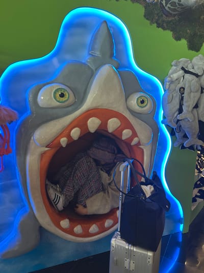 A large, colorful, cartoon shark sculpture with glowing blue lights is located in an indoor setting, possibly a children's play area. A young person, wearing a patterned jacket, a white sweater, and jeans, is seated in the shark's open mouth. They are facing away from the viewer. The person has a large blue tote bag and a metallic silver suitcase next to them. The shark is positioned against a green wall. The environment appears to be brightly lit, with some plush toys hanging on the wall behind the sculpture.