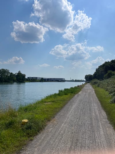 The image depicts a scenic view of the Rhein-Herne Canal in Herne, Germany, on a bright, sunny day. A gravel path runs along the right bank of the canal, bordered by lush green grass and dense trees. On the left bank, the canal's calm, blue water reflects the sky, with a line of trees and industrial buildings visible in the distance. Several people are seen relaxing and sunbathing on the grassy bank near the path. A yellow cylindrical marker is visible in the grass near the water's edge. The sky is a vibrant blue, dotted with fluffy white clouds, and sunbeams break through the clouds, casting a warm glow on the scene. The overall atmosphere is one of a peaceful summer day by the water.