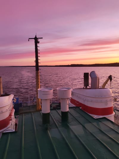 From an elevated vantage point, likely on a boat, the image captures a scene on the water at sunset. The sky displays a gradient of pink and orange hues, with dark tree lines visible on the distant horizon. The foreground consists of the green-painted metal deck of the boat, where several white and red structures are situated, including cylindrical vents and a larger, partially visible enclosure. A black pole with several attachment points is positioned to the left of the frame. Water is visible in the middle ground, with subtle ripples on the surface. The text "АККУМУЛЯТОРНАЯ" is visible on one of the cylindrical vents. The location is presumed to be Vasil'evskoe, Russia, based on the prompt's specification. No people are visible in the image.