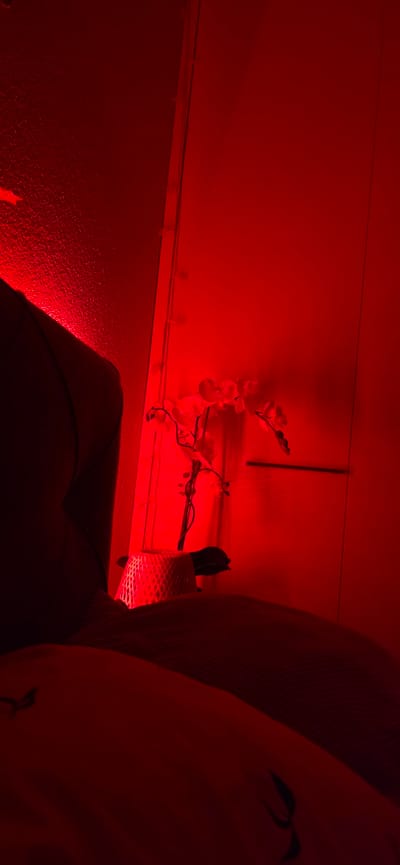 In Lieli, Switzerland, a dimly lit bedroom is illuminated by red ambient lighting. The scene features a headboard of a bed on the left, a woven planter with an artificial orchid in the center, and a door in the background. A portion of a bed with a dark pattern is visible in the foreground.