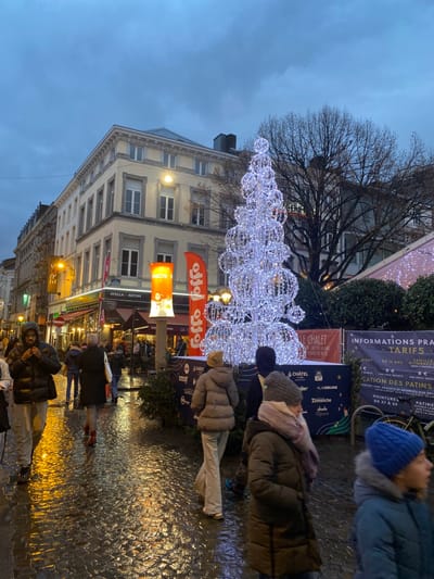 The image presents a festive street scene in Liège, Belgium, captured during dusk or evening, characterized by artificial lights and wet ground. A prominent feature on the right is a large, modern Christmas tree decoration, constructed from numerous interconnected glowing white spheres, casting a bright light on the surroundings.
Several people, dressed in warm winter coats, hats, and scarves, are visible on the wet, reflective pavement. Some individuals appear to be strolling, while others stand near the illuminated tree. The reflections of the lights on the ground suggest recent rain or general dampness.
On the left side of the street, multi-story buildings with classic European architecture feature lighted windows and commercial signage, including "STELLA ARTOIS" and "EROS." Bare tree branches, indicative of winter, extend upwards against the deep blue-grey, overcast sky.
Numerous banners and signs are displayed near the illuminated tree, providing context for the event. Visible text includes "INFORMATIONS PRATIQUES" (Practical Information), "TARIFS" (Prices), and details concerning "LOCATION DES PATINS" (Skate Rental) with shoe sizes "DE 27 À 50," strongly suggesting the presence of an ice rink. Other legible text includes "LE CHALET," "CHATEL," "LAMEUSE" (a local newspaper), and "Dimanche" (Sunday). An orange banner with a stylized, unidentifiable logo is also present. The overall atmosphere conveys a lively and illuminated winter holiday celebration, likely a Christmas market or similar festive event.