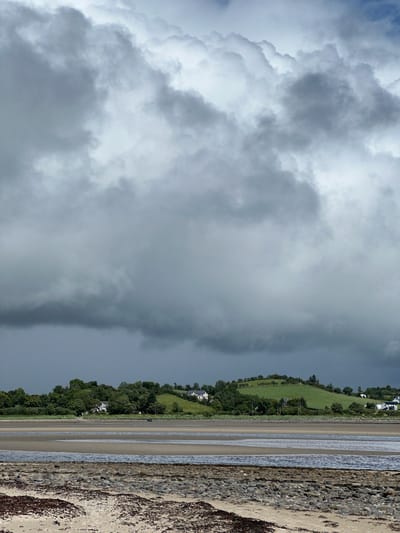This media file depicts a coastal scene with a dramatic sky. The main subjects include a vast expanse of swirling, dark grey storm clouds that dominate the upper left portion of the image, contrasting with the bright, textured sand of a beach on the right. The beach is wet and shows distinct lines from receding water, with some rocky debris and seaweed visible along the edge.
Beyond the beach, a verdant green hillside slopes upwards, dotted with scattered houses and trees, suggesting a rural or semi-rural setting. A line of darker green trees forms a boundary between the hillside and the sky. A narrow strip of calm water, reflecting the grey sky, separates the sand from the land.
The overall atmosphere is one of impending weather change, with the dark clouds creating a sense of drama and perhaps foreboding. The time of day is not clearly indicated but the lighting suggests it is daytime, possibly late afternoon or early evening before a storm. The location cues of rolling green hills and a coastal environment, combined with the given location context of Dunuisce, Ireland, paint a picture of the Irish coastline. There are no people or distinct objects visible, focusing the viewer's attention on the natural elements. No text is present in the image.