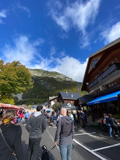 The image depicts an outdoor daytime scene in the city of Abondance, France, characterized by a street market or event set against a mountainous backdrop.
The sky is a clear, vibrant blue with scattered, wispy white clouds. In the background, a large, steep mountain dominates the view, exhibiting a mixture of dense green forestry and exposed grey rock faces.
The scene's midground features a thoroughfare lined with buildings and market stalls. On the left, a series of market stalls with red and white striped awnings are visible, with people browsing or walking among them. Behind these stalls, trees display green foliage with hints of autumn coloration. A white utility van is partially visible further down the street on the left. On the right, traditional multi-story Alpine-style wooden buildings are present, featuring dark roofs and balconies. The closest building has a prominent blue awning displaying "Bouvet Sports" in white lettering. Below this awning, merchandise is displayed on tables, and several individuals are interacting with the displays. Adjacent to this, a black tent with "SCOTT" branding is set up.
In the immediate foreground, three individuals and one dog walk away from the camera on an asphalt surface marked with white lines. From right to left: a bald male subject wears a dark grey long-sleeved shirt with a black quilted vest and light blue trousers; he holds a black leash connected to a black dog with a white chest patch. Next to him, a male subject with dark hair wears a dark denim jacket over a light grey hoodie and dark trousers. On the far left, a female subject with dark hair tied back with a yellow scrunchie wears a black top or jacket and carries a dark shoulder bag. The overall lighting is bright natural sunlight.