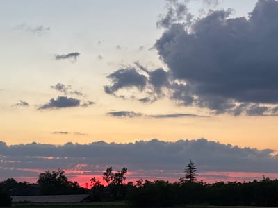 This is a landscape photograph taken at sunset in Bochmanivka, Ukraine. The sky is filled with a dramatic display of clouds, transitioning from a pale blue at the top to hues of yellow, orange, and a vibrant pink near the horizon. Large, dark storm clouds dominate the upper right portion of the sky, with smaller, wispy clouds scattered throughout. Below the vibrant sunset colors, a dark line of trees and vegetation stretches across the middle ground, obscuring much of the land. A few structures, including a building with a dark roof and a greenhouse-like structure with a white roof, are visible amidst the trees. A solitary, tall evergreen tree stands out on the right side of the image. The overall mood is serene and peaceful, capturing the beauty of a sunset after what appears to be a day with changing weather. The colors suggest that the sun is low in the sky, indicating it is either sunrise or sunset. Given the context provided, it is sunset. There is no visible text in the image.