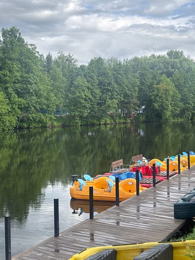 The image depicts a waterfront scene at an unspecified location in Sarov, Russia. The foreground features a wooden dock with several colorful pedal boats moored alongside it. These boats are predominantly yellow and red, with blue accents. The dock appears wet, suggesting recent rain. In the mid-ground, a calm body of water reflects the lush green trees that line the opposite bank. The background is dominated by a dense forest, with the sky above showing a mix of clouds and patches of blue. No people are visible in the scene.