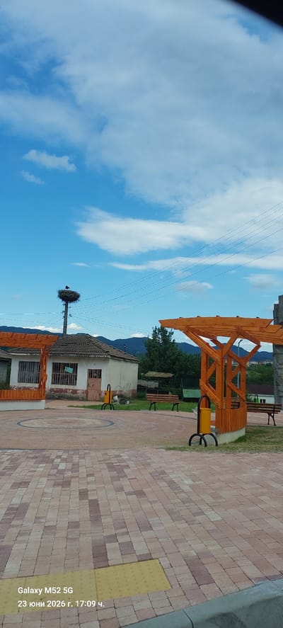 The image depicts an outdoor scene in Zhaltusha, Bulgaria, likely on a sunny day given the clear blue sky with scattered white clouds. The perspective is vertical, suggesting the photo was taken with the phone held sideways or rotated.

The foreground is dominated by a paved walkway made of reddish-brown bricks. A portion of a yellow tactile paving block is visible on the walkway. To the left, a simple, weathered building with a tiled roof stands. Adjacent to the building is a prominent stork's nest on a pole, with a single stork perched inside. Overhead, power lines crisscross the sky.

In the middle ground, an orange wooden structure, possibly a gazebo or shelter, is visible. It has a slatted roof and wooden posts. Beside it, a yellow trash bin with black curved legs is placed on the brick pavement. Further back, a wooden bench is situated on a grassy area, and another similar bench is seen near the orange structure. In the background, lush green trees and distant mountains complete the rural landscape.

The overall atmosphere is serene and quiet, suggesting a peaceful rural setting. There are no people visible in the image.

Visible text in the image reads: "Galaxy M52 5G" and "23 юни 2026 г. 17:09 ч.". This indicates the photo was taken with a Samsung Galaxy M52 5G phone on June 23, 2026, at 5:09 PM.