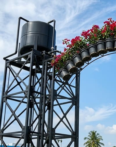 An outdoor, low-angle, eye-level, medium shot captures a black water tank on a black metal support structure. The water tank is cylindrical with a rounded top and sits on a platform supported by the structure, which is composed of interconnected diagonal and horizontal beams. To the right of the water tank, a curved black metal archway extends outwards, supporting a row of black planters filled with vibrant red flowers. These flowers spill over the planters, creating a cascade of color against the blue sky with scattered white clouds. In the far distance, a palm tree is visible against the bright sky. The scene appears to be in a garden or park setting in Bintang Meriah, Indonesia.