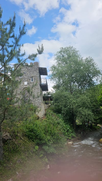 The image depicts a stone structure resembling a small tower or fortification, constructed with rounded stones. It has a balcony with a metal railing. Adjacent to the structure, a large, leafy tree dominates the right side of the frame. A pine tree is visible in the foreground on the left, partially obscuring the stone building. A body of water, likely a river or stream, flows in the lower right portion of the image, with white water indicating a current. Lush green vegetation and trees surround the scene, suggesting a natural or semi-natural environment. The sky above is blue with scattered white clouds. There are no people visible in the image. The overall impression is of a rustic or historical setting integrated with nature.