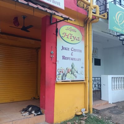 The image shows the exterior of a juice center and restaurant named "Little Hiya" in Chopdem, India. The building is painted in red and yellow, and has a sign advertising the business. A dog is sleeping on the ground in front of the restaurant. There are metal pipes running along the wall of the building. To the right is a gate leading to another building, which advertises the "RA Food Store." The sky is overcast.