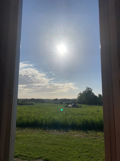 The image displays a rural landscape in Vessigebro, Sweden, viewed through a structural opening, likely a window or doorway, framed by vertical wooden elements on both the left and right sides. The left frame is lighter in tone, exposing wood grain and fasteners, while the right frame is darker and broader.
The sky occupies the upper half of the frame. The sun, a brilliant white orb, is positioned high center-left, emitting strong lens flares and rays across the blue sky. Below the sun, a band of white stratocumulus clouds extends horizontally from the left to the center-right, with scattered smaller clouds visible. The horizon line, marked by a distant hazy band, shows faint contours of land and clustered trees, suggesting a populated rural area in the background.
The lower half of the image is dominated by a vast green field. The immediate foreground features shorter, darker green grass. Further into the mid-ground, the field transitions to taller, lighter green crops or grass, exhibiting distinct texture due to illumination. A prominent pile of dark, irregularly shaped debris, possibly wood or metal remnants, is situated within the taller field section, slightly right of the vertical center. Behind this debris and to the right, a dense cluster of deciduous trees stands tall. Two distinct cyan-colored lens flares are visible in the lower field, one in the lower-left quadrant and another smaller one near the debris pile.
No human figures or discernible activity are present. The scene depicts a static, brightly lit outdoor environment.