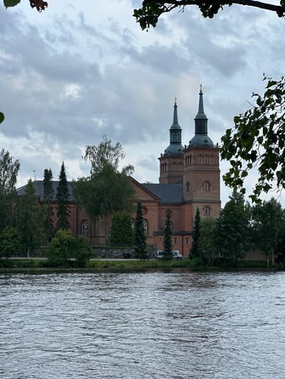 The image shows a large brick church with two prominent green-domed towers topped with golden crosses. The church is situated on a slightly elevated bank overlooking a wide, rippling body of water. Lush green trees, including tall evergreens and deciduous trees, surround the church and line the waterfront. The sky is overcast with grey clouds. A paved road and a parked silver van are visible in front of the church, partially obscured by trees. The scene is tranquil and appears to be captured from across the water. This is likely the Old Church of Vammala, also known as Vammalan kirkko, located in Vammala, Finland.