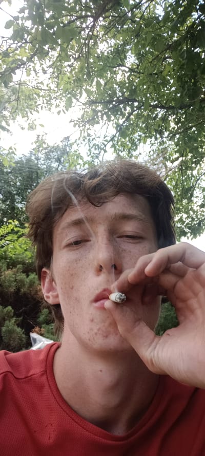 A person is captured in a close-up, head-and-shoulders shot, outdoors during the daytime. They are holding a lit cigarette between their lips and fingers, with a wisp of smoke curling upwards from it. The person has fair skin with numerous freckles and appears to have acne. Their brown hair is tousled, and they are wearing a red t-shirt. The background consists of lush green foliage from trees and possibly bushes, with a bright, slightly overcast sky visible through the leaves. The overall mood seems casual and relaxed. There is no visible text in the image. The location context is Lejšovka, Czechia.