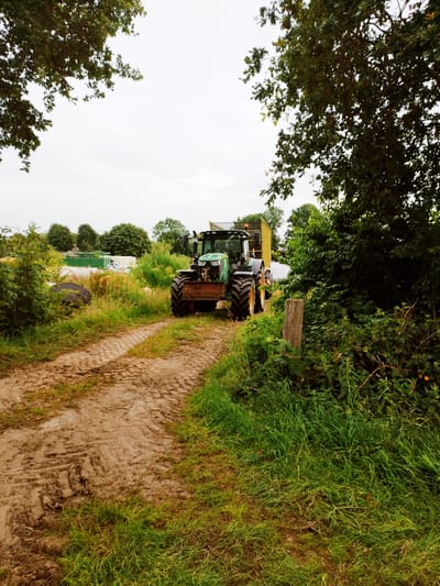 A green John Deere tractor is parked on a muddy, rutted dirt path, facing away from the viewer. The tractor is attached to a yellow trailer filled with what appears to be hay or straw. The scene is set in a rural outdoor environment, likely a farm or field, with lush green grass and dense foliage on either side of the path. Tall trees with dense leaves frame the top of the image, with their branches partially obscuring the overcast sky. In the background, there are more trees, some structures, and what looks like a large green agricultural bin. A wooden post with some barbed wire attached stands to the right of the path, adjacent to the dense green bushes. The ground is damp and churned up, indicating recent activity or wet weather. The overall impression is one of a quiet, overcast day in the countryside, with the tractor and trailer suggesting ongoing agricultural work. There are no people visible in the image. No visible text.
