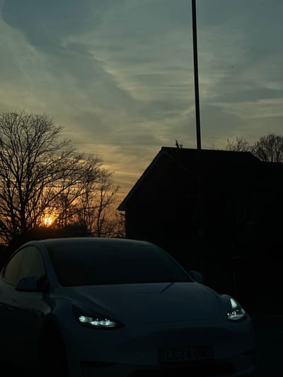 The image depicts an outdoor scene at dusk or sunset in Brentwood, United Kingdom. In the immediate foreground, a white Tesla vehicle, identified by the license plate "LC74 OWD", is parked and faces slightly toward the left of the frame. Its headlights are illuminated. The car's upper portion, including its windshield and roof, is silhouetted against the sky.

In the midground, to the left, several bare-branched deciduous trees are silhouetted, with the setting sun visible as a bright orange orb partially obscured by their branches. To the right, a dark, silhouetted building with a visible gable roof stands. A tall, slender pole, likely a utility pole, is positioned upright, extending from behind the building's roofline into the upper portion of the sky.

The sky above displays a gradient of color, transitioning from an intense orange and yellow directly above the sunset point to shades of grey and muted blue further overhead. Wispy cloud formations are visible, and several small, dark specks, possibly birds, are scattered across the sky. No individuals or specific actions are discernible.