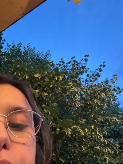 The image is a close-up, portrait-style photograph featuring the left side of a person's face, including their eye and forehead, partially obscured by glasses. The background consists of a blue sky and lush green trees. A brown, textured surface is visible at the top left corner, possibly a building overhang. The lighting suggests it is dusk or dawn. The image does not contain sufficient detail to determine the location in El Escorial, Spain.