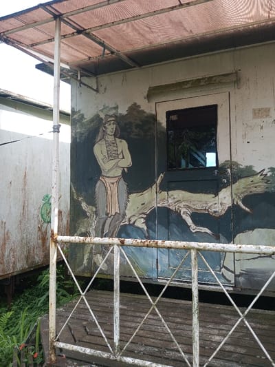 A weathered building features a painting of a Native American man with his arms crossed, wearing a loincloth and a headband. An adjacent door displays a blurry reflection. To the left, another building with faded paint is visible. The foreground shows a rusty, white-painted fence with a crisscross design, leading to a wooden deck. Lush greenery grows beneath the structure. The building is covered by a rusty awning supported by a metal pole.
