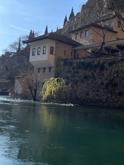 This image depicts a scenic riverine environment in Dračevice, Bosnia and Herzegovina, under clear daylight. The foreground is dominated by a broad, dark green river with ripples indicating current flow. Along the right bank, a weeping willow tree with vibrant green, freshly sprouted leaves extends over the water. Behind the willow, a sturdy stone retaining wall rises, supporting two historic-style buildings.
The building on the left features a stone base with a white-plastered, cantilevered upper section containing three rectangular windows with dark frames. It has a dark, pitched roof. Adjacent to it on the right, another larger stone building with multiple windows and a similar dark pitched roof stands. A light-colored awning extends from this building over a terraced area, supported by visible framework beneath.
In the mid-ground, a bare-branched tree is partially submerged in the river near a small stone structure on the left bank. The background consists of steep, rocky mountains ascending behind the buildings, interspersed with dark green, conical evergreen trees. The sky is clear blue with a faint white contrail visible in the upper left quadrant. No individuals are visible in the scene.