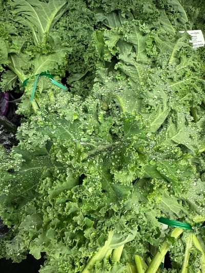 A close-up, overhead view shows bundles of fresh, curly kale, likely at a farmers market or grocery store in Fernley, USA. The kale leaves are a vibrant green and appear to be freshly washed, with numerous water droplets glistening on their surfaces. Some of the kale is tied together with thin green ties. A small white label is partially visible towards the upper right, with some text that is not entirely legible. The background is a blur of more green kale and dark shadows, suggesting a densely packed display of produce. There are no people visible in the image.
