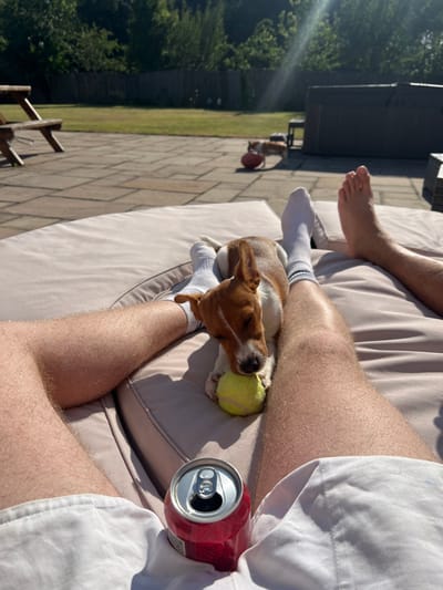 A person is reclined on a tan cushioned surface, with a dog nestled between their legs. The dog is brown and white, resting its head on a tennis ball. The person is wearing white socks and a white shirt. Next to the person’s leg is a red soda can, seemingly empty. The background shows a paved patio area, part of a dark patio set, and a green lawn with trees. Sunlight casts shadows across the scene.