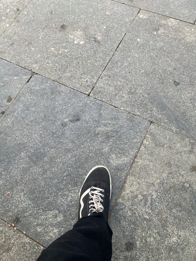 The image shows a person's foot wearing a black Vans sneaker with white laces, standing on a paved ground made of large grey granite tiles. The tiles are laid in a pattern with visible grout lines. The foot is positioned towards the right side of the frame, and the person is wearing black pants. The scene is an outdoor setting, likely a pedestrian area, given the paving. The lighting suggests it is daytime, with sunlight casting subtle shadows. The ground appears slightly worn and textured, typical of outdoor public spaces. There is no visible text in the image. The context provided places this scene in St.Thomas Mount-Pallavaram Cantonment Board, India.