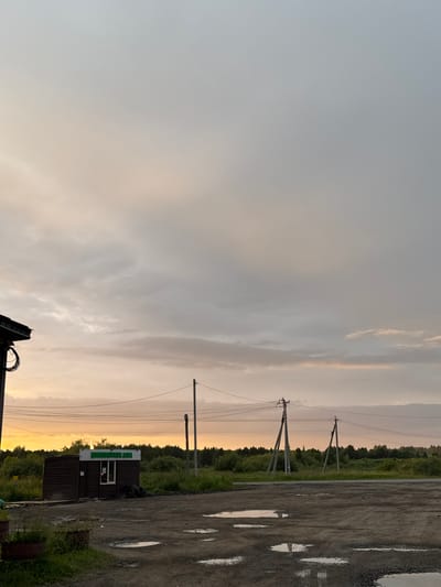The image depicts an outdoor scene during twilight in Sovkhoznyi, Russia. The sky is filled with soft, muted clouds, suggesting the end of the day and possibly approaching rain, as indicated by the puddles on the unpaved ground. In the foreground, a small, dark wooden building with a white-framed window is visible. Above the building, a green sign with white lettering is affixed. The building appears to be a small shop or kiosk.
Behind the building, a line of trees forms a dense green border, typical of a rural or suburban landscape in Russia. Several power lines stretch across the frame, supported by utility poles, indicating the presence of infrastructure in the area. The ground in the foreground is a mix of dirt and gravel, with several large puddles reflecting the dim light. The overall atmosphere is serene and perhaps a bit melancholic, common during the fading light of dusk. No people are visible in the image. The visible text on the green sign appears to be in Cyrillic script, which is consistent with the location in Russia. The overall impression is a quiet, slightly damp evening in a somewhat industrial or utilitarian setting, on the outskirts of a settlement.