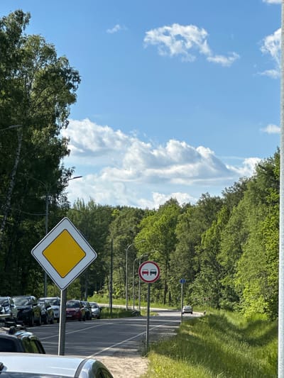 This is a photograph taken in Dubrovitsy, Russia, on a sunny day with a blue sky and scattered white clouds. The image depicts a roadside scene with a tree-lined road. In the foreground, there is a diamond-shaped sign with a yellow center and a white border, indicating a main road. To the right of this sign, there is a circular traffic sign showing two cars in red circles, which signifies "no overtaking." Further down the road, another traffic sign, this time blue with a white number "3", is visible. A light-colored car is driving on the road in the distance. The road is flanked by lush green grass and trees. Several parked cars are visible on the left side of the road.