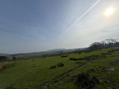 The scene depicts an expansive rural landscape within the Borough of Wyre, United Kingdom, under a bright, clear daytime sky. The foreground and midground feature gently sloping, vibrant green grasslands, interspersed with darker clumps of vegetation and visible muddy tracks or ruts. A distinct line of bare-branched deciduous trees forms a dark, silhouetted boundary on the right side of the midground. The distant background reveals a hazy, undulating terrain of hills and valleys, with additional scattered trees. The sky is a light blue, featuring a prominent white aircraft contrail extending diagonally from the upper right, where the sun is visible as an intense, overexposed light source. No people or artificial structures are discernibly present.
