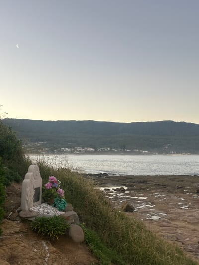 The scene depicts a coastal landscape within the Wollongong City Council area, Australia, viewed under low light conditions, possibly dusk or dawn. In the upper left quadrant of the sky, a crescent moon is visible against a gradient of light blue transitioning to pale yellow near the horizon.
The background features a dark green, heavily vegetated mountain range or escarpment running horizontally. Below this, a line of white buildings, indicative of a coastal town (Coledale), are visible along the distant shoreline. The midground is dominated by a large body of water, the ocean, with white-capped waves breaking near a rocky intertidal zone composed of dark, wet rock shelves and pools of water.
In the foreground, to the left, a light-colored, possibly stone, memorial stands on an earthen bank covered with dry, tall grasses and some green foliage. The memorial has an ornate, curved top and a rectangular recessed dark panel in its lower section. At the base of the memorial, a cluster of pink and purple artificial flowers is placed, surrounded by scattered white pebbles. A small, blue-green object rests near the flowers. The immediate ground in the foreground is a reddish-brown dirt path or slope. No individuals are present in the image.
