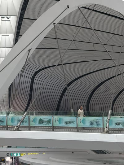 The image shows a man in a light-colored shirt standing on a walkway in the Guangyang District of China. The walkway is elevated and overlooks a lower level with signage indicating "EAST EXIT" and directional arrows. The man is looking to his left, away from the camera. Behind him, the ceiling of the structure features a distinctive, curved architectural design with a pattern of parallel black lines on a gray background, supported by a network of white beams and gray metal cables. The walkway is bordered by a glass railing, beneath which are panels displaying artistic renderings of bridges and Chinese calligraphy. The overall environment appears to be a modern transportation hub or public building, characterized by its sleek, contemporary design and grand scale.