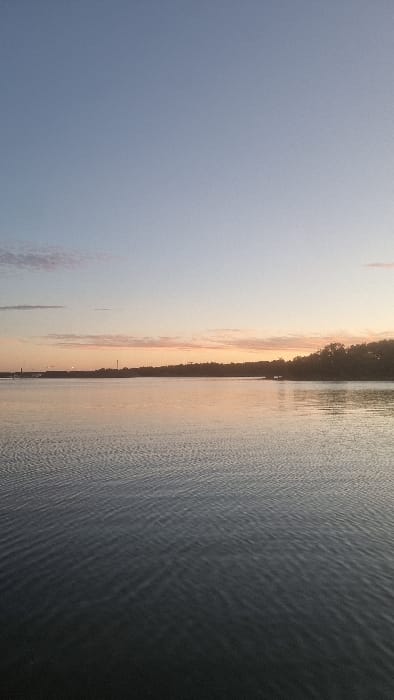 This image depicts a broad, tranquil body of water at twilight, observed from the city of Västervik, Sweden. The horizon line bisects the frame, separating the water in the lower portion from the sky above.
The sky, occupying approximately the upper 40% of the image, transitions from a pale blue-grey at the zenith to soft pink, orange, and pale yellow tones near the horizon, suggesting either dawn or dusk. Sparse, elongated cloud formations are visible in the upper left quadrant.
Along the horizon, a low-lying landmass, densely covered with dark foliage, extends across the entire width of the image. On the far left, structures indicative of urban or industrial development are visible, including a prominent, slender tower or mast, identifying the location as Västervik and likely depicting a view across a body of water such as Gamlebyviken.
The water surface, comprising the lower 60% of the image, exhibits subtle, undulating ripples and reflects the subdued colors of the sky. No individuals, vessels, or explicit human activities are present within the frame.