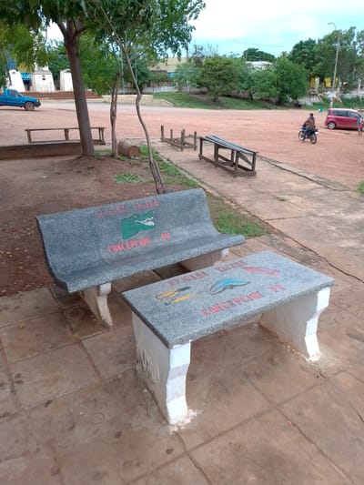 The image displays an outdoor scene, likely a public park or square in Concepción, Paraguay. In the foreground, there is a set of concrete furniture: a bench and a matching table, both speckled gray with white bases.

The backrest of the bench features red capital letters that read "LAGUNA NENE" (or possibly "LAGUNA BLANCA" with "NENE" being clearer), above a painted green alligator or caiman. Below the graphic, "CONCEPCION - PY" is clearly visible in red text, indicating the location. The table's surface also has "CONCEPCION - PY" in red, along with painted depictions of a blue, a red, and a yellow fish or aquatic creature. The ground directly around the furniture is paved with large, worn, light brown square tiles.

Beyond the paved area, the midground consists of a reddish-brown dirt or gravel expanse, indicative of an open public space or unpaved road. Scattered around are several trees with green foliage and some wooden structures, possibly disused benches or barriers. On the left side of the dirt area, a blue pickup truck is parked near some white structures, one of which has a partial sign reading "A LUC." On the right, a person is seen riding a motorcycle, and a red car is parked with another individual standing nearby.

The background shows more trees and buildings under a sky that appears to be partly cloudy or hazy, suggesting it is daytime with soft, diffused light and no harsh shadows. The overall atmosphere is calm, depicting an ordinary day in a public setting.