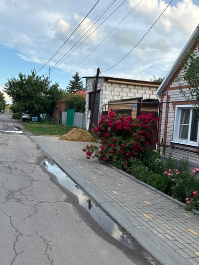 The image captures a street scene in Rossosh, Russia, on an overcast day. The foreground features a cracked asphalt road with puddles of water reflecting the sky and surroundings. Adjacent to the road is a paved walkway with a grey curb, constructed from rectangular grey and yellow pavers. A large pile of sand sits on the walkway near a dense bush of vibrant red roses. Further down the street, a brick house with white trim and a prominent window is visible on the right. To the left of the house, a building constructed with white cinder blocks and a darker roofline stands. Behind this, a red-tiled roof and more greenery can be seen. The background reveals more trees, a metal fence, and a silver car parked near a large tree. Overhead, power lines crisscross the cloudy sky.