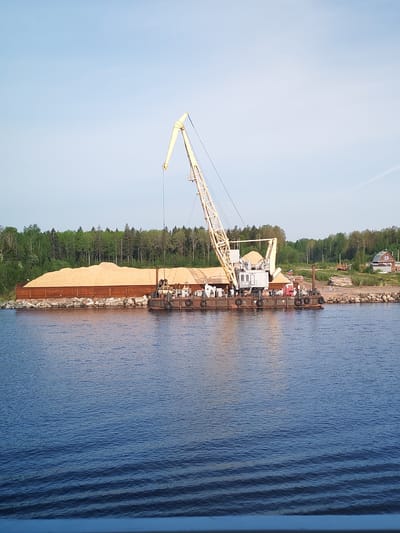 The image depicts a large barge in the water along the coast of Davydovskaya, Russia. The barge is equipped with a tall, yellow crane and is loaded with wood chips or sawdust. The shoreline behind the barge is lined with trees and vegetation, with a few buildings visible in the distance. The water is calm and blue, and the sky is clear with a slight haze.