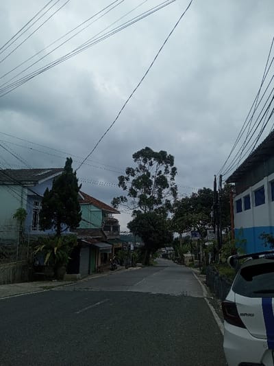 A street scene under an overcast sky. Buildings line the road on either side, interspersed with trees. Utility wires crisscross above. The road surface is asphalt with some patches. A small white car with a blue stripe is parked on the right. The general atmosphere is muted and gray.