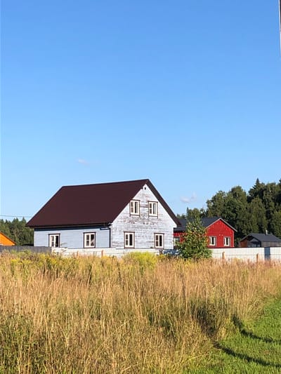This is a photograph taken outdoors in the city of Bol'sheviki, Russia, on a clear, sunny day. The scene depicts a rural or suburban landscape with several houses and natural elements.
In the foreground, a dense field of tall, dry grass and some green vegetation dominates the lower half of the image. The grass is golden brown and appears sun-baked, suggesting it is late summer or early autumn. The field slopes slightly upwards towards a fence.
Behind the grassy field, a white metal fence with vertical posts runs horizontally across the middle ground. Beyond the fence, a pale blue, two-story house with a dark brown, gabled roof is prominently featured. The house has several white-framed windows with visible panes. The siding of the house appears weathered. To the right of the blue house, a smaller, bright red, two-story building with a similar dark roof and white-framed windows is visible. Further to the right, a darker, long, low structure with a dark roof and a chimney is partially visible, situated behind the red house. A small, leafy green tree is positioned between the blue and red houses. A dark orange, gabled structure, possibly another house or shed, is visible on the far left, peeking out from behind the tall grass.
The background consists of a dense line of green trees, forming a forest or wooded area behind the houses. The sky is a vibrant, clear blue with no clouds visible. The lighting suggests it is daytime, with the sun casting shadows, though they are not prominent in this view. There are no people or animals visible in the image. The overall impression is one of a quiet, rural setting on a pleasant day.
