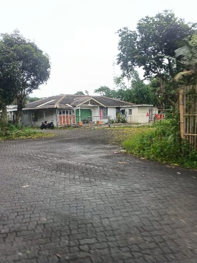 The image captures an outdoor scene in Masaiti, Zambia, under an overcast sky, presenting a single-story building situated behind a paved forecourt. The building, primarily white or light-colored, features a multi-gabled, dark-colored roof displaying signs of weathering. A central section of the facade includes a recessed porch area with a closed green roller shutter, indicative of a commercial storefront, flanked by windows, some equipped with security bars and visible curtains. A light-colored metal railing is present along the front of this porch section. To the left side of the building, two individuals are visible, one bending over a parked dark-colored motorcycle, while the other stands nearby, suggesting an interaction with the vehicle. The foreground is a dark grey paver block surface, arranged in a herringbone pattern, exhibiting dampness and general wear. Dense green vegetation, comprising large trees with full canopies, shrubs, and tall grass, borders the paved area and envelops the building. A wooden slatted fence is partially visible on the far right, with a tall, slender communication tower or antenna discernible above the distant tree line.